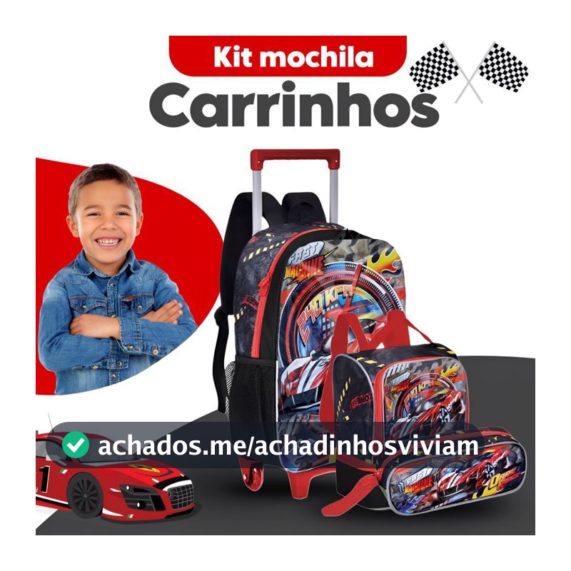 Kit Mochila Escolar Infantil Carros de Carrinho com Rodinhas Lancheira e Estojo