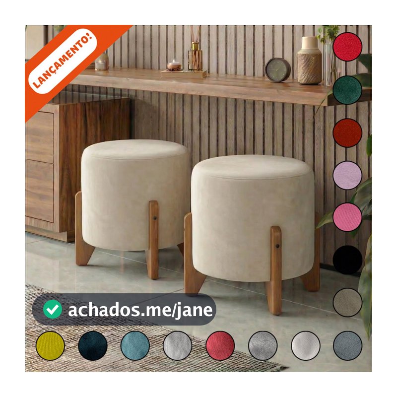 Kit 2 Puff Thor Banquinho Decorativo Em Suede Pés Madeira Maciça Aninha Decor