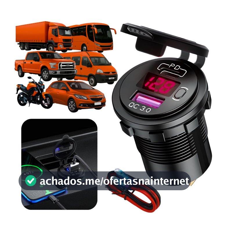 Carregador com display led voltímetro para carro veicular 12/24V 36W QC3.0 Dual USB