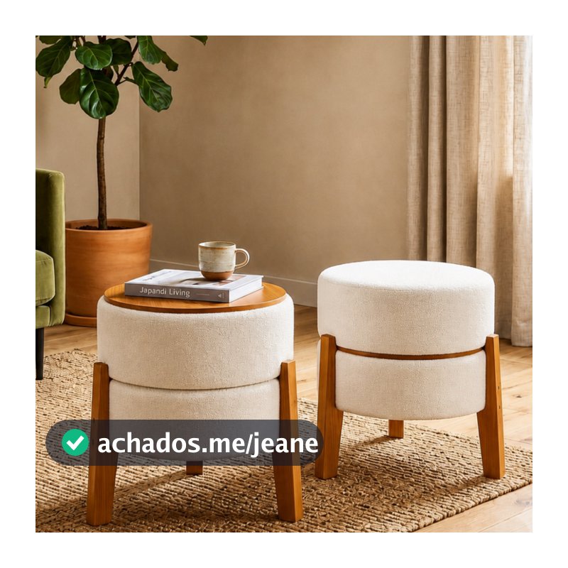 Puff 3 em 1 Banqueta Mesa de Apoio Decorativo Redondo Com Pés de Madeira Unitário ou Kit com 2
