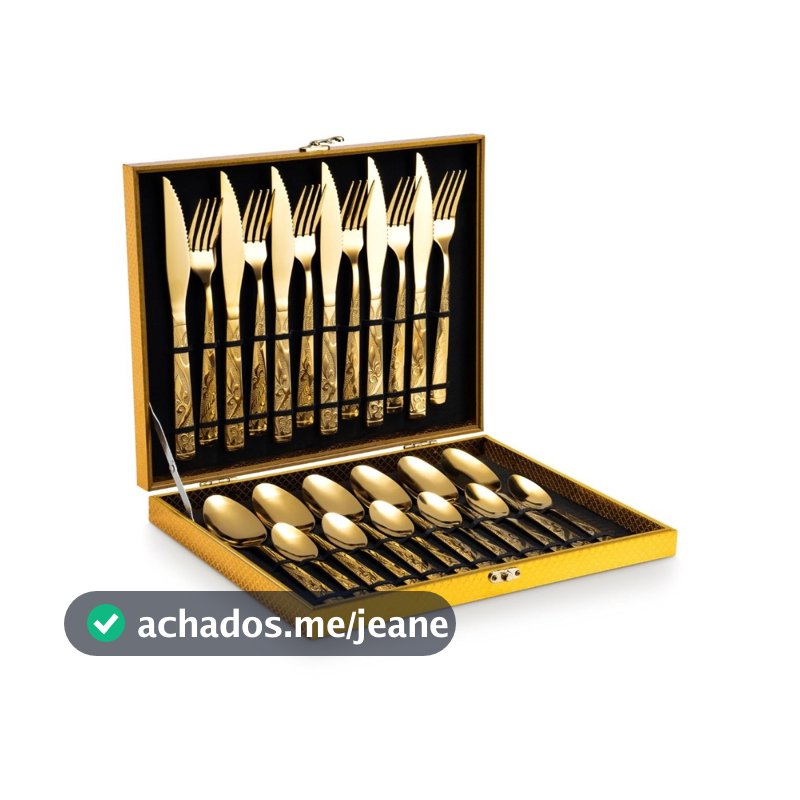 Faqueiro Inox Premium 24 Peças com Detalhes Dourados + Estojo Maleta Jogo de Mesa