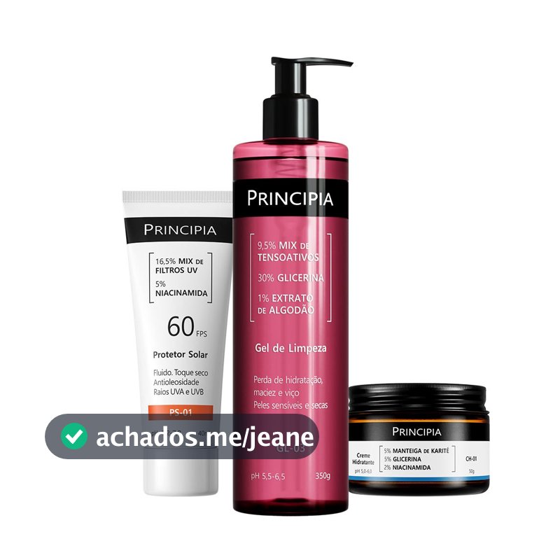 Principia Kit Rotina Diária Pele Sensível c/ Gel de Limpeza GL-03 + Creme Hidratante CH-01 + Protetor Solar PS-01 FPS 60