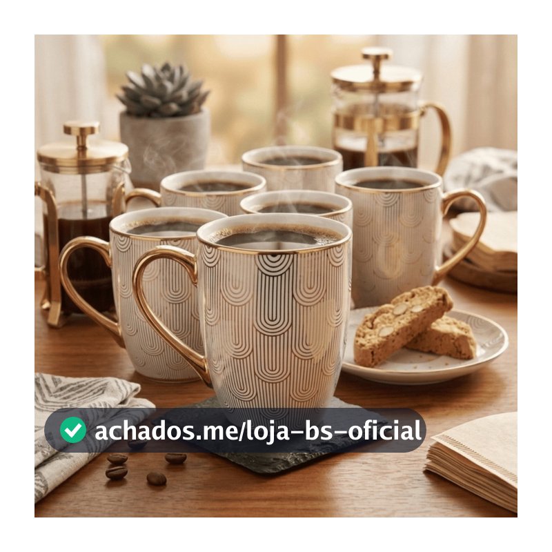 Jogo 6 Canecas Xícara de Porcelana 300ml Dourada Várias Estampas Luxo - Royale / Café, Chá / Cozinha