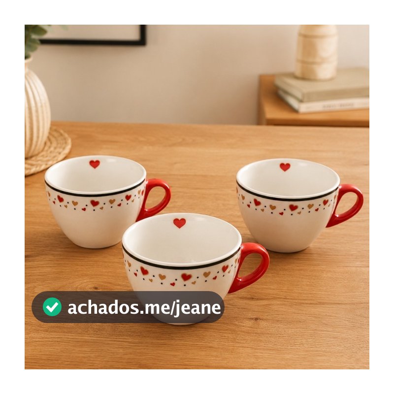 Kit 3 Xícaras para Café 150 ml Porcelana Decorada Coração Conjunto Xícaras Café Chá Mesa Posta Cantinho do Café Cozinha