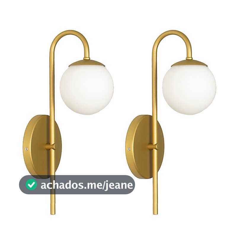Kit 2 Arandelas Parede Curva Jabuticaba Globo 10 Quarto Dourado Fosco Bivolt