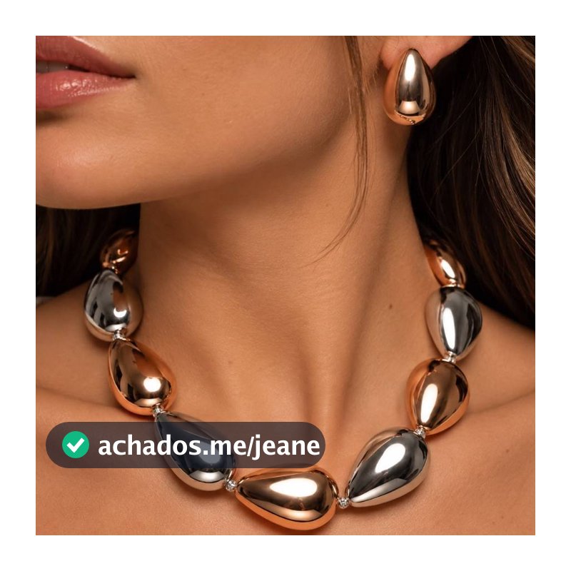 Conjunto Colar e Brinco Gota Feminino Prata e Bicolor Elegante