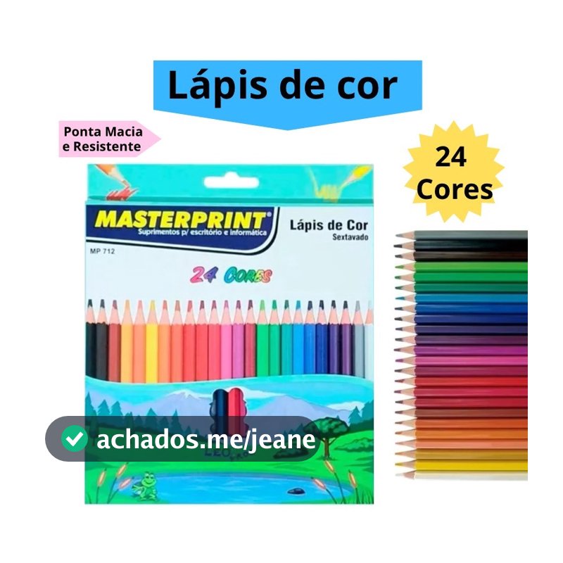Lápis de Cor 24 Cores Resistente Sextavado Escolar Masterprint