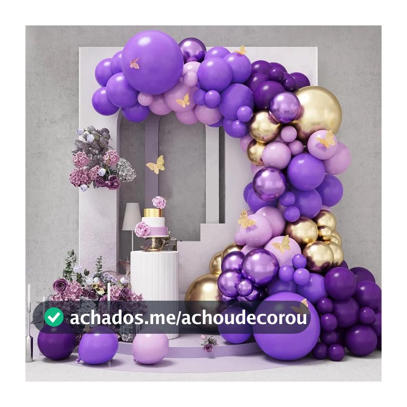 Kit 150 Balões Bexiga Luxo Lilás Roxo Cromado Arco Desconstruído Festa Dourado Decoração Aniversario