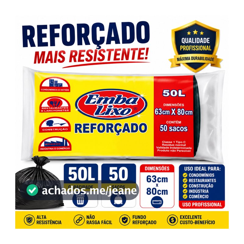 Saco Para Lixo Embalixo Profissional Reforçado 50lts Com 50 Sacos Cor Preto Uso Doméstico e Comercial