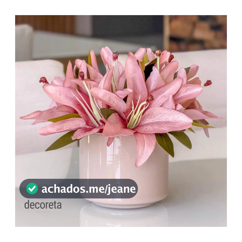 Arranjo de Flores Lírio Rosa Outono Artificial com Vaso de Vidro Decorativo Luxo