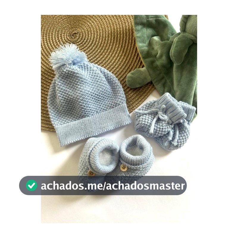 Kit Touca Luva e Sapatinho em tricô liso para bebê recém-nascido maternidade