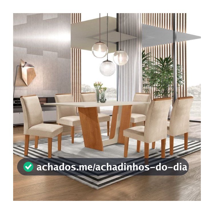 Conjunto Mesa de Jantar 6 Cadeiras MDF Plus 160x80cm Luisa Yescasa Off White Cinamomo Cinamomo/Off White/Suede Pena