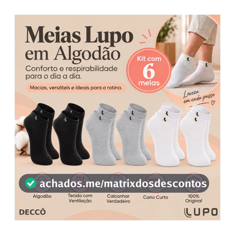 Kit De 6 Pares Meias Lupo Kids Infantil Cano Curto Algodão Tamanho 24 ao 35