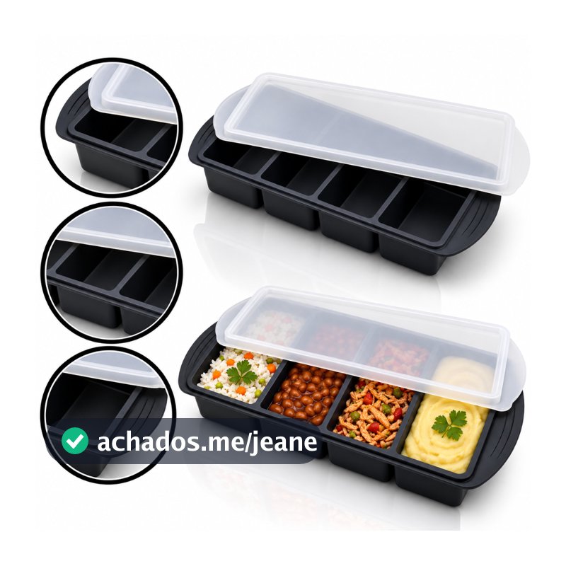 Forma Silicone Para Congelar Refeições 4 Divisórias 250ml Com Tampa Freezer Marmita