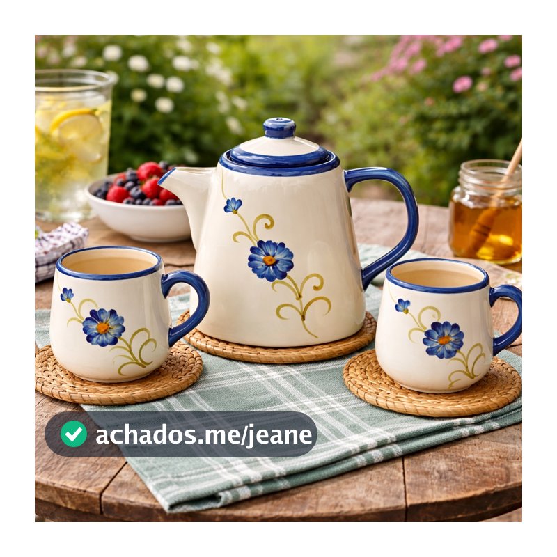 Jogo de Chá Cerâmica Floral Azul e Branco com Bule e Xícaras | Conjunto para Café e Chá | Kit Elegante para Mesa Posta