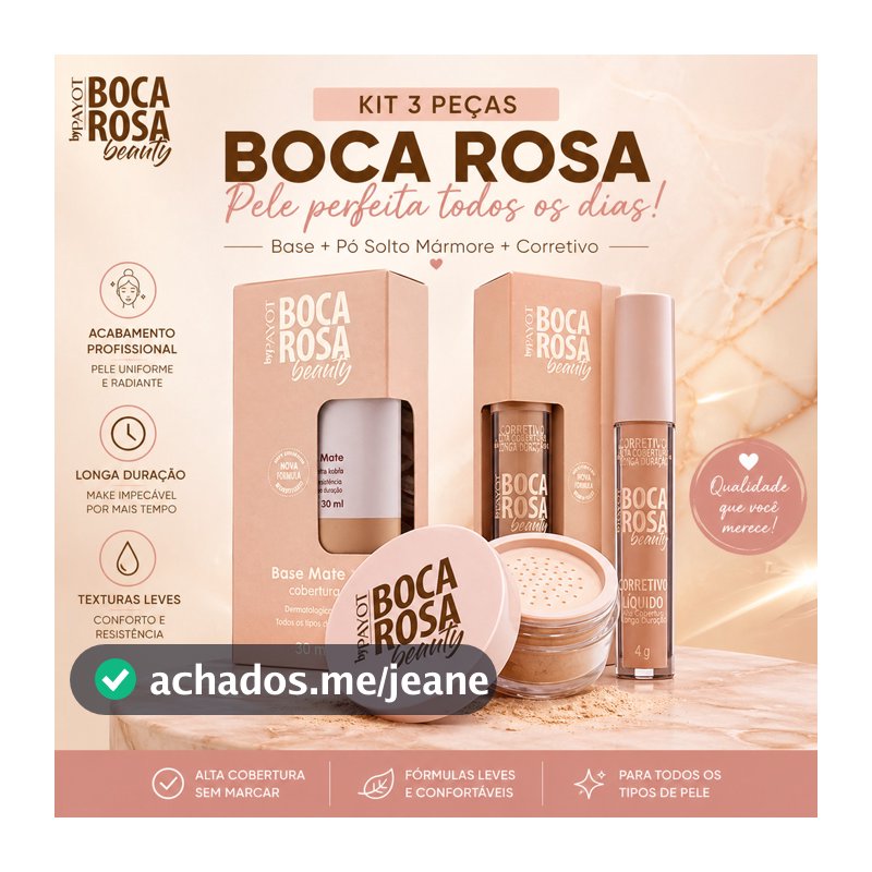 Kit Boca Rosa 3 Peças – Base + Pó Solto Mármore + Corretivo Alta Cobertura