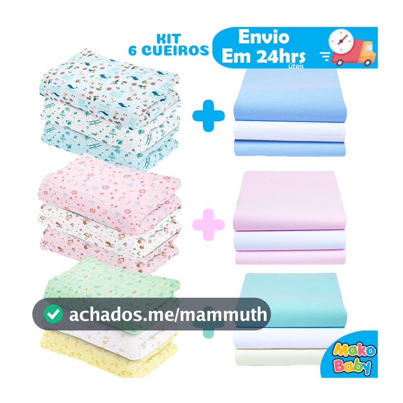 Kit 6 Cueiro Bebê Flanelado Estampado e Liso 80cm x 50cm 100% algodão