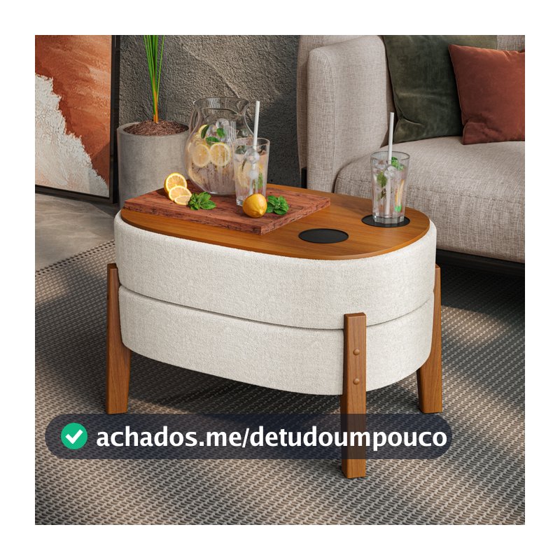 Puff Dior Mesinha Com Porta Copo Design Moderno E Funciona Tecido Boucle Bege