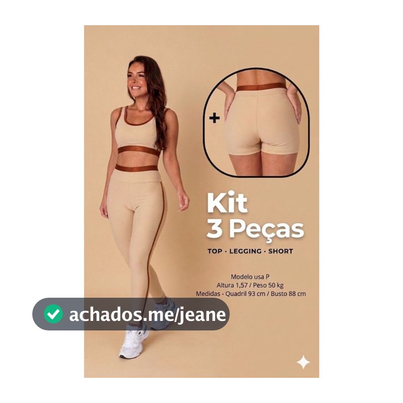 KIT 3 PEÇAS TOP, SHORTS E LEG BEGE cor contrastante