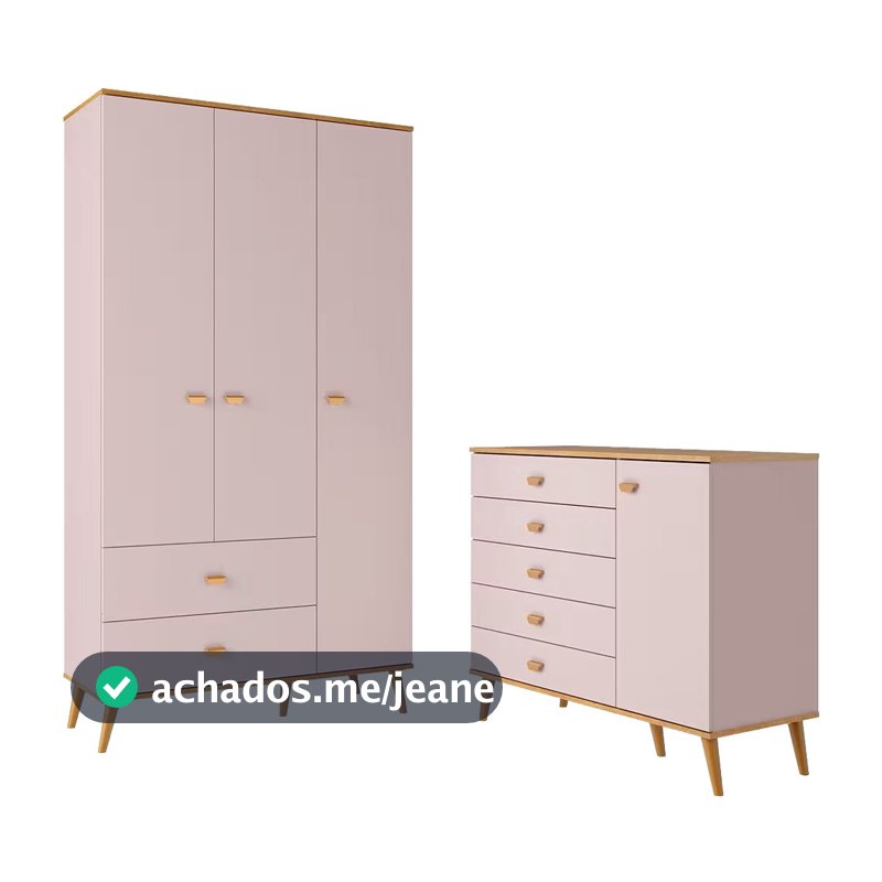 Guarda-Roupa Bartira Ternura com 3 Portas, 2 Gavetas + Cômoda Bartira Ternura com 5 Gavetas e 1 Porta