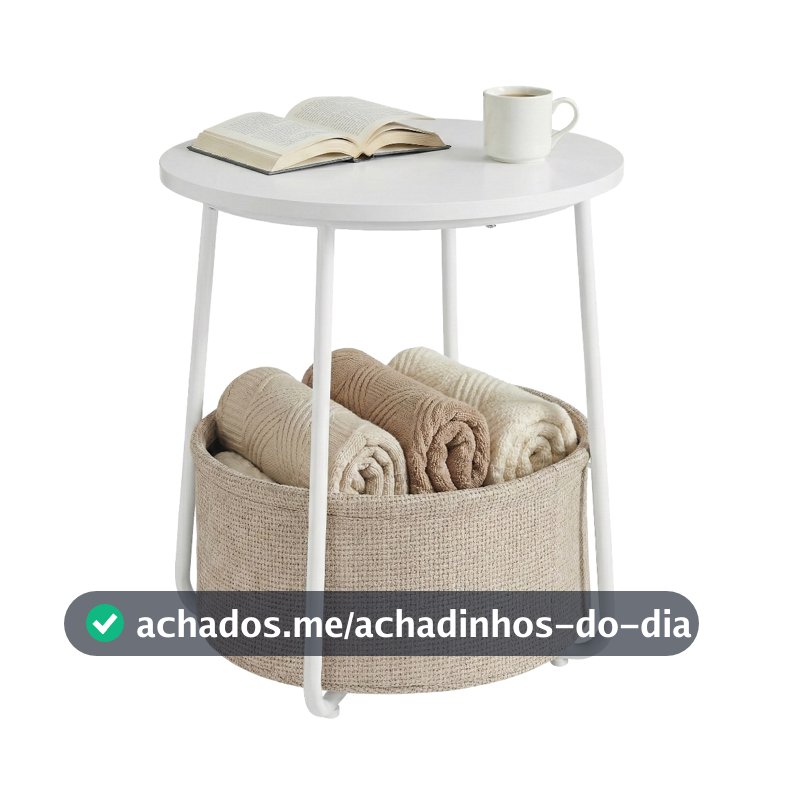 SONGMICS Mesa Redonda, Mesa Lateral, Mesa de Centro, Mesa de Sala de Estar com Cesto de Tecido, Mesa de Cabeceira