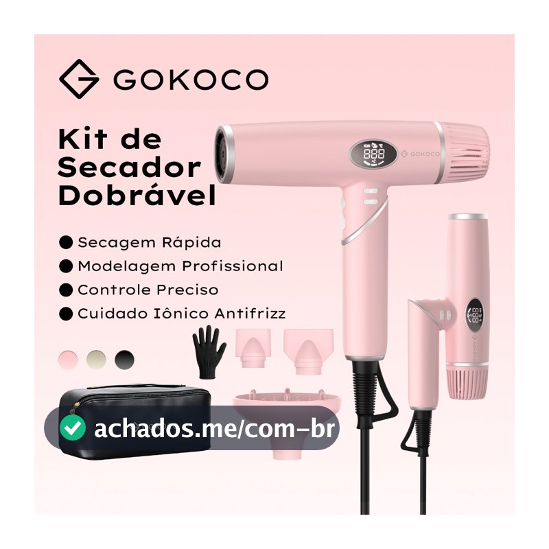GOKOCO 3 em 1 Kit de Secador Dobravel Secagem Rapida Modelagem Profissional Cuidado Ionico Antifrizz Bivolt 110-220V