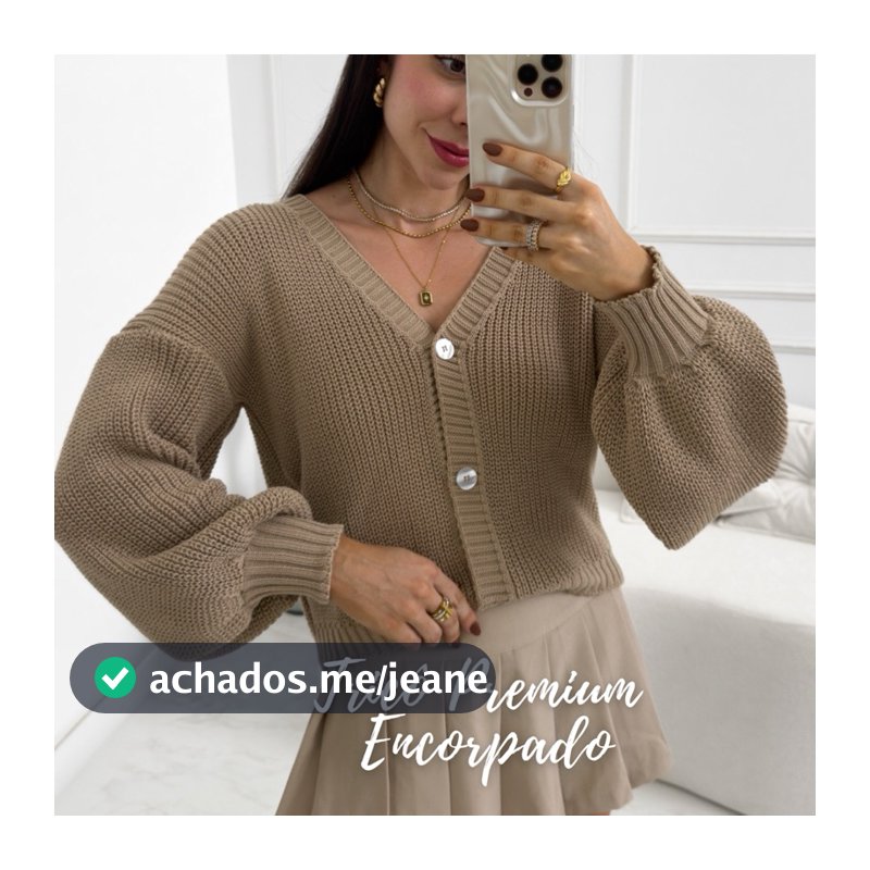 Casaco Tricô Premium Manga Bufante Cardigan Feminino Elegante Tricô Grosso Inverno Encorpado