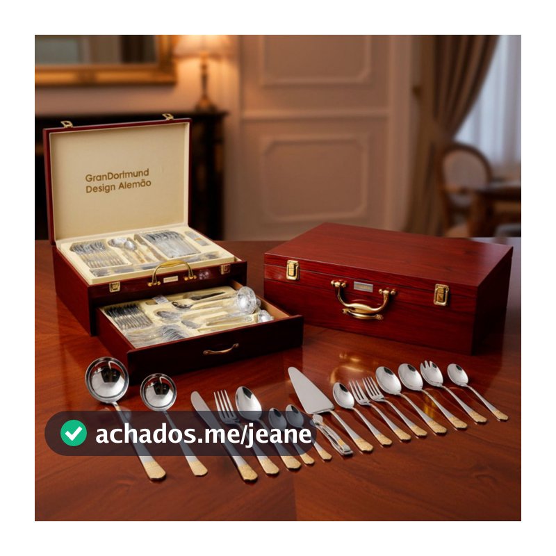 Kit Jogo Faqueiro 84 Peças Talheres Luxo em Inox Banhado a Ouro 24k Com Maleta de Madeira
