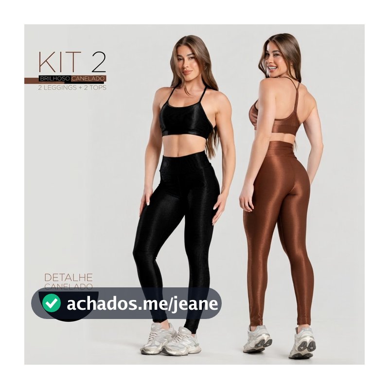 Kit 2 Conjuntos Fitness Feminino -Tops+Leggings Brilhosas Caneladas com Cós Alto, Fitness e Conforto