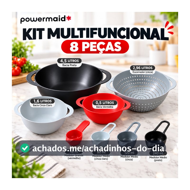 Kit Multifuncional 8 Peças Powermaid Tigelas Bowls Escorredor Medidores Cozinha Acoplável
