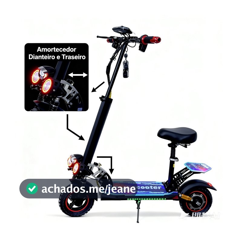 Patinete Elétrico Dobrável 800W 48V13Ah 45km/h 45km de Autonomia Off-Road Assento Suspensão Dupla Bluetooth LED Antifurt