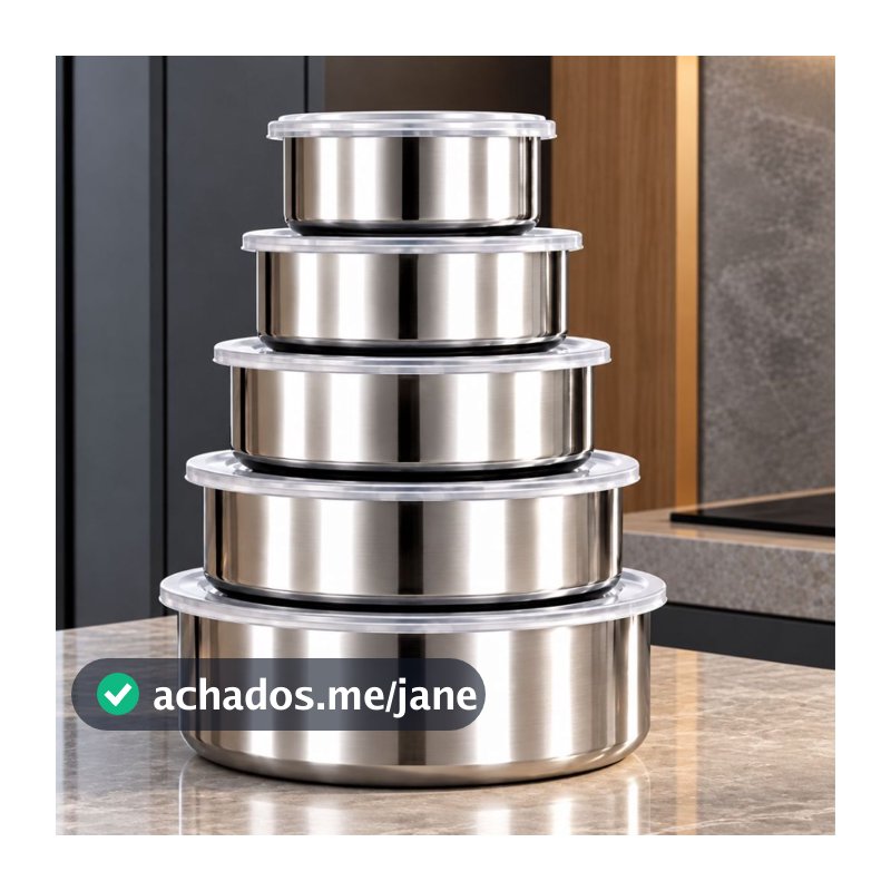 Kit 5 Tigelas Inox Com Tampa Potes Redondos 250ml a 1200ml Jogo de Pote Hermético Cozinha
