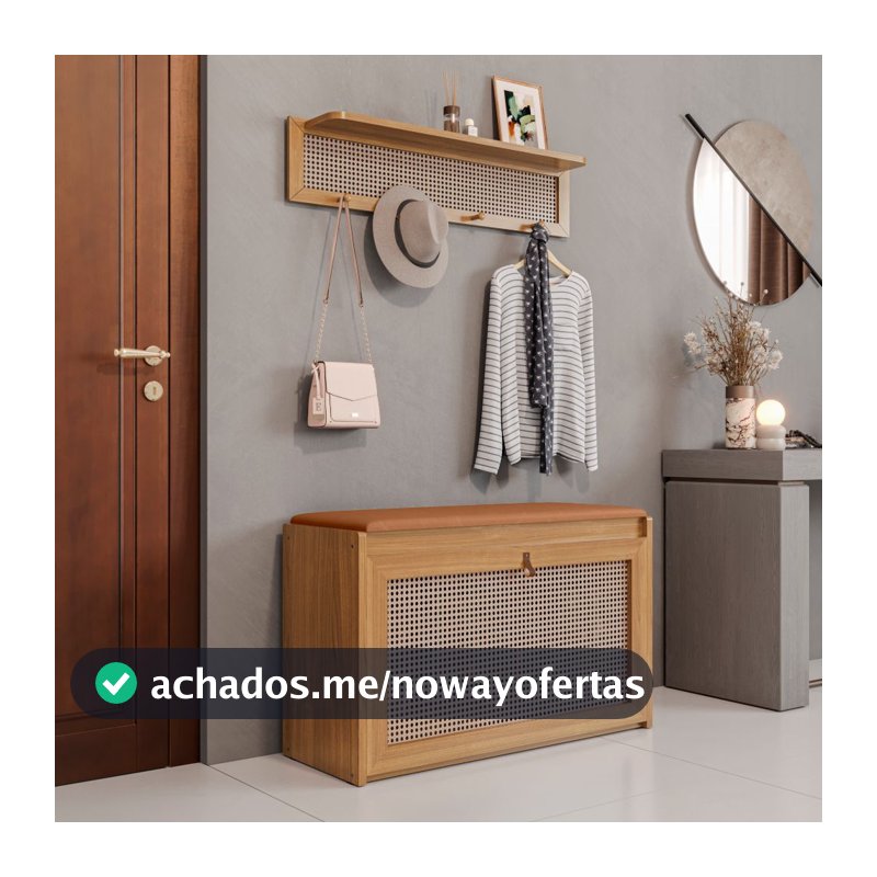 Kit Sapateira e Cabideiro Plenitude Plus Com Prateleira e Porta Basculante Com Detalhe em Rattan