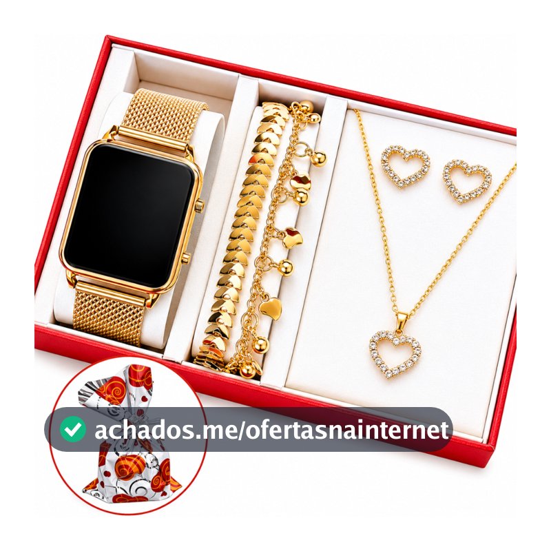 Relógio Feminino Digital de Led + Colar Brincos Folheado Ouro + Pulseira Feminina com Caixa - Presente dia dos namorados