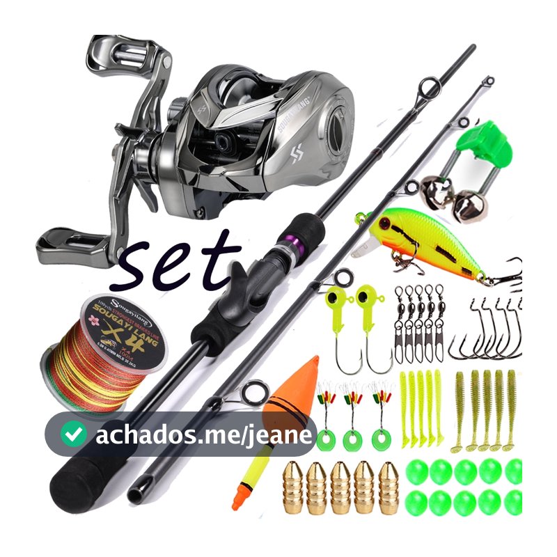 Kit de Pescaria Sougayilang Vara de pesca 1.80m 2 seções + Carretilha de pesca 7.2:1 + Linha de pesca + Isca de pesca