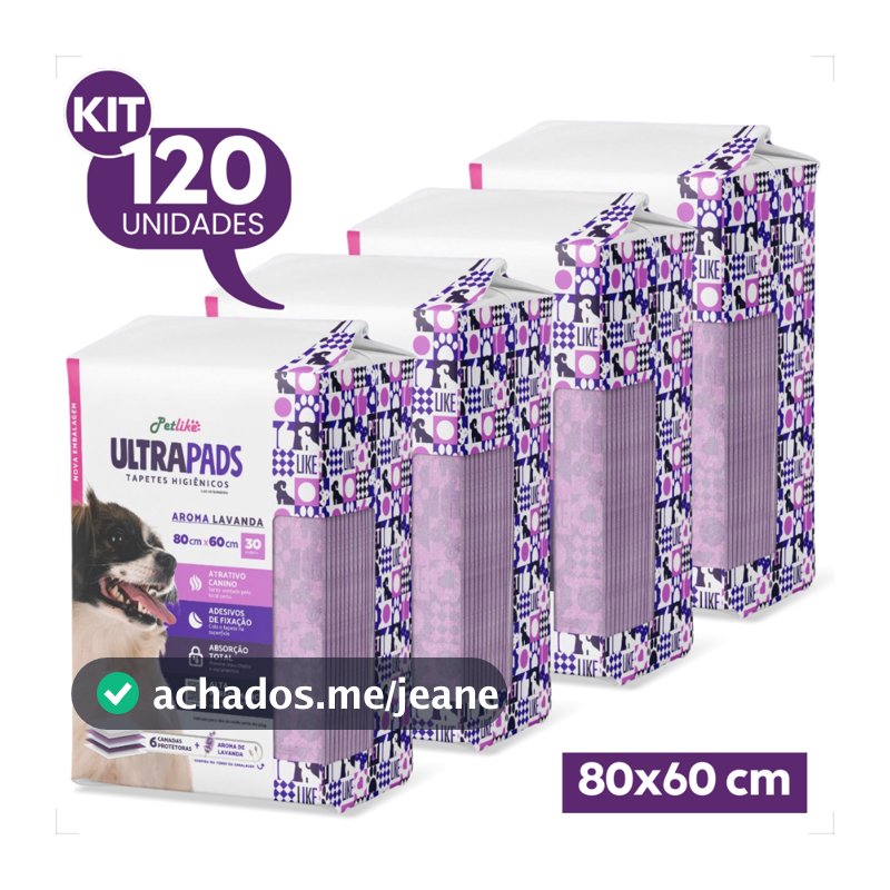 Kit 4 Tapete Higiênico PetLike Ultra Pads Lavanda 80x60 - 120 Unidades