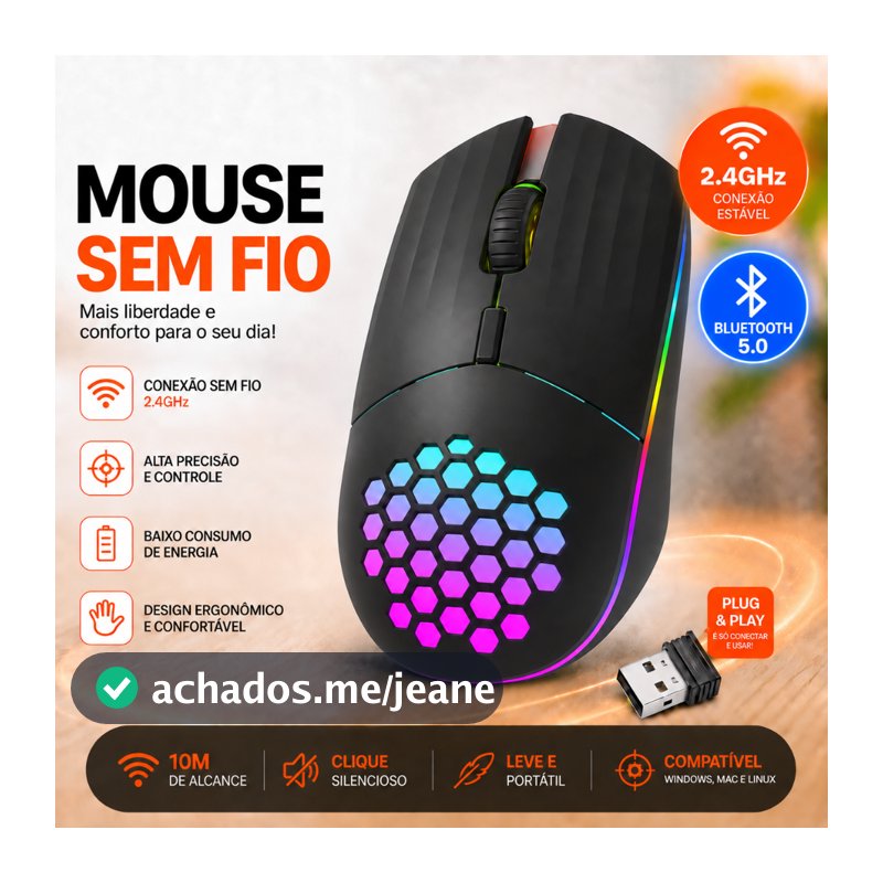 Mouse Gamer Sem fio Wireless Ergonômico 2.4G/BT Recarregável Tipo-C Silencioso Bluetooth