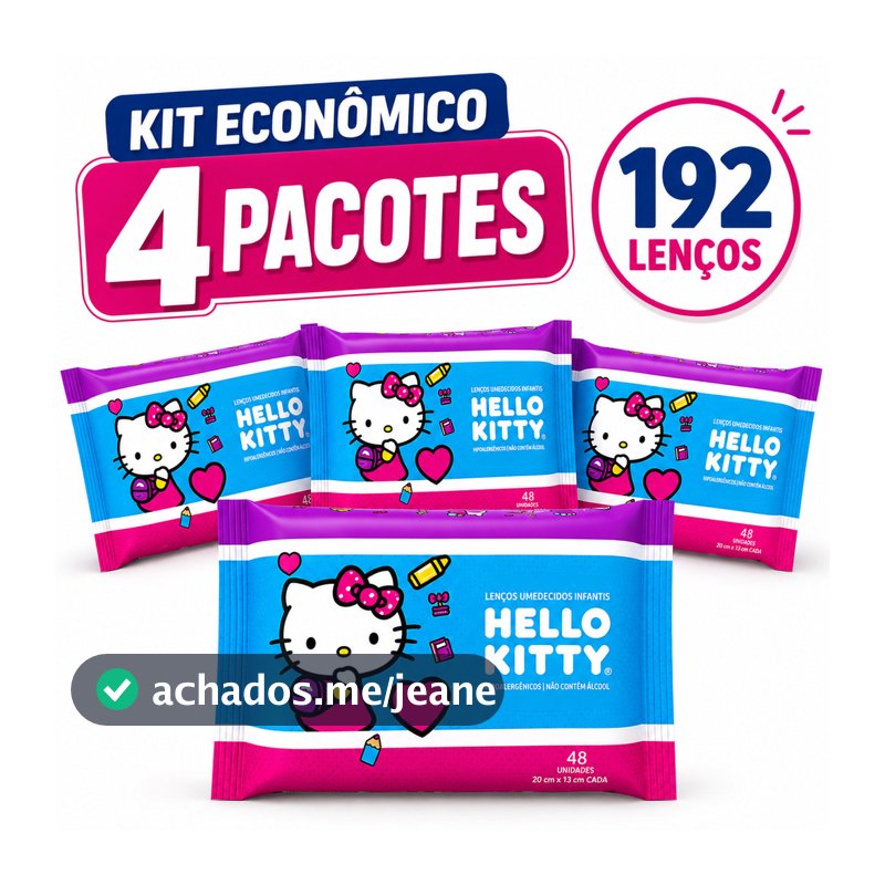 Kit 4 Lenços Umedecidos De Bolsa Hello Kitty Pele Sensivel Lencinho Bebe e Adulto