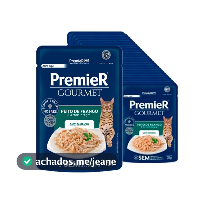 Kit 20un. Ração Úmida Premier Gourmet Gatos Castrados Peito de Frango e Arroz Integral 70g