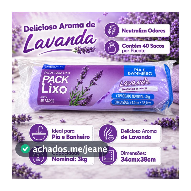 Pack Saco de Lixo Lavanda Pia e Banheiro 34x38cm Neutraliza Odores Material Resistente