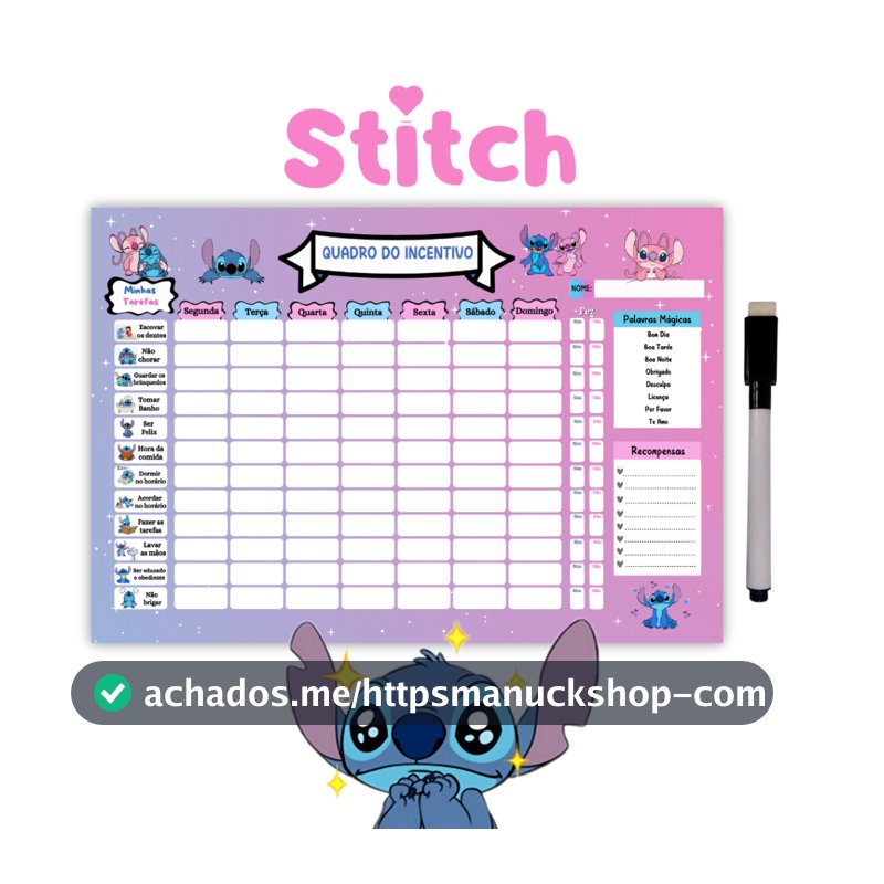 Quadro de Recompensa Disciplina - Quadro De Rotina  Infantil Lilo Stitch - Atividade Para Incentivo