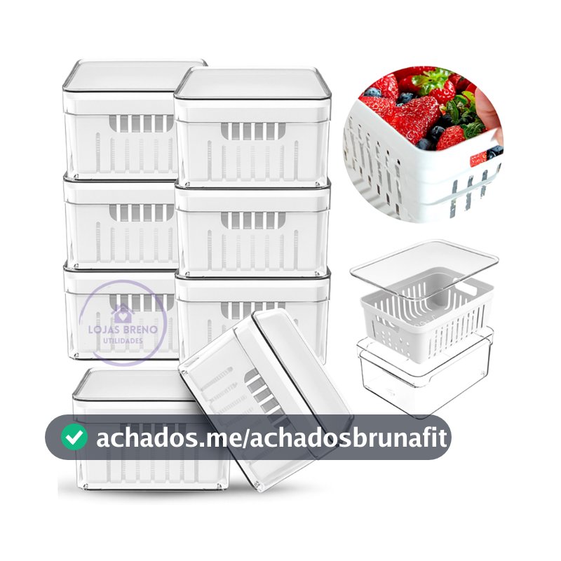 Kit 8 Potes Organizador Geladeira Acrílico com Tampa e Cesto Lavagem 1,36L Verduras Frutas Vegetais