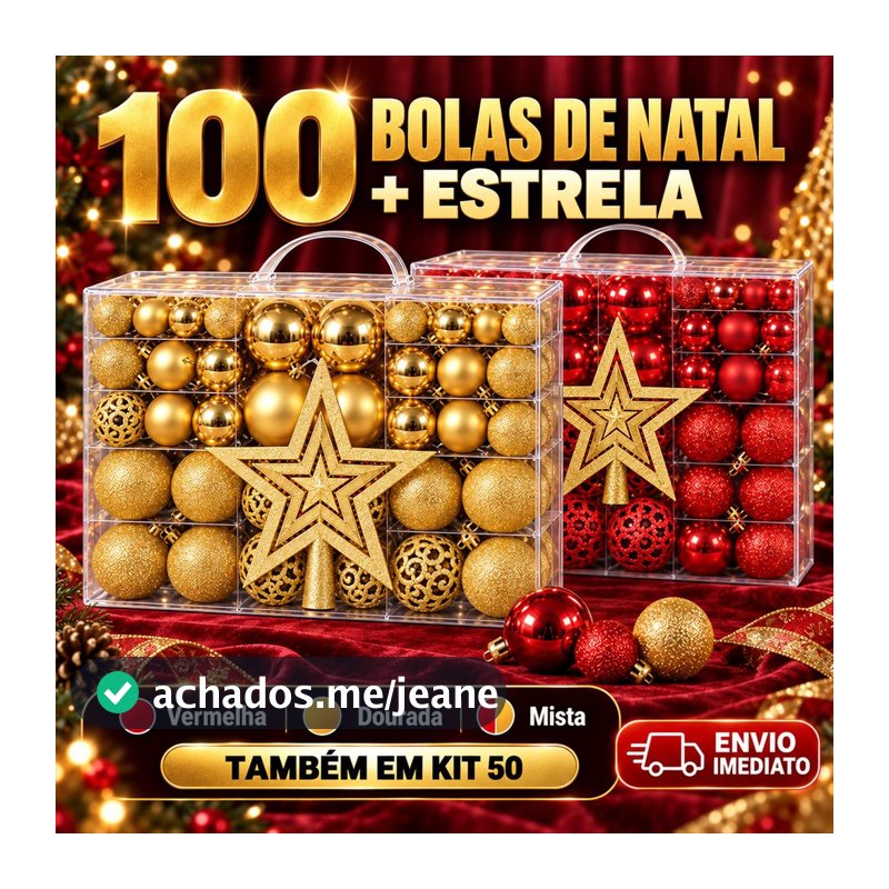 Kit 100 Bolas de Natal E Estrela Ponteira Decoração Enfeite Árvore Fosca Glitter Vermelha Dourada