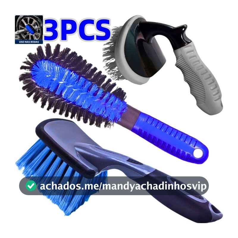 Kit 3 Escovas Limpeza Automotiva Escova Pepino + Escova Caixa de Roda + Furo de Roda Para Pneus