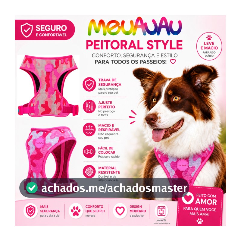Coleira Peitoral Cachorro meuAuAu - Todas raças - York - Bulldog - shitzu - Pug - Golden
