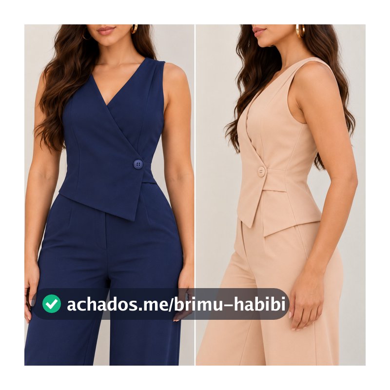Macacão Feminino Longo Alfaiataria Pantalona Executivo Elegante Acinturado Decote V Sem Manga Transpassado Botão Frontal