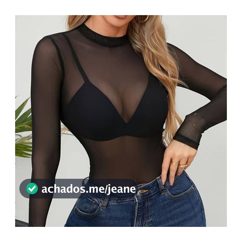 Blusa  feminina  Blusinha manga longa transparente gola alta Casual