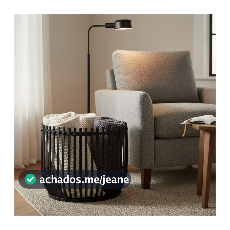 Cesto Rattan Preto Grande Vazado para Mantas Toalhas e Roupas 46cm