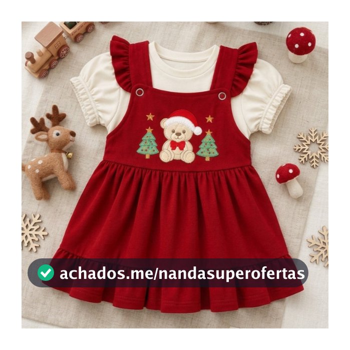 Conjunto Natal Bebê Menina 02 Peças 100% Algodão Bordado Jardineira Salopete e Camiseta Premium