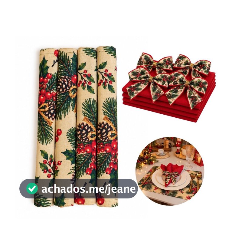 Kit mesa Posta 12 Peças Lugar Americano, Guardanapo e Anel Natal com Laço Cerejas